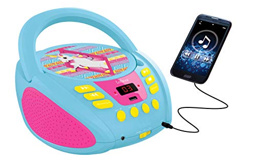 Lexibook Reproductor toma para micro (RCD108UNI) Lector de CD MP3 Unicornio Portátil para Niños, par Niña, Entrada para micrófono, AUX IN, puerto USB, AC o funciona con batería, Rosado, color azul