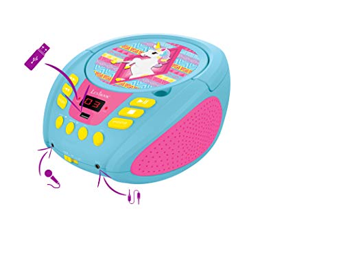 Lexibook Reproductor toma para micro (RCD108UNI) Lector de CD MP3 Unicornio Portátil para Niños, par Niña, Entrada para micrófono, AUX IN, puerto USB, AC o funciona con batería, Rosado, color azul