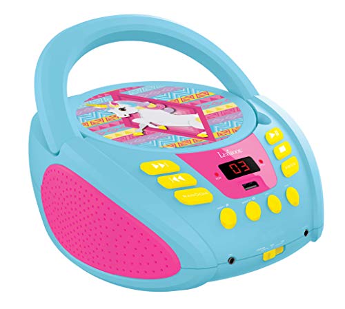 Lexibook Reproductor toma para micro (RCD108UNI) Lector de CD MP3 Unicornio Portátil para Niños, par Niña, Entrada para micrófono, AUX IN, puerto USB, AC o funciona con batería, Rosado, color azul