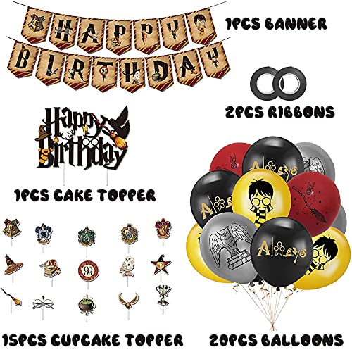 Liekadijiae 39 Piezas Decoracion de Fiesta Mago, Harry Potter Decoraciones de Cumpleaños, Happy Birthday Cake Topper, Suministros de Fiesta de Cumpleaños de Mago, Globo Mágico Fiesta Temática