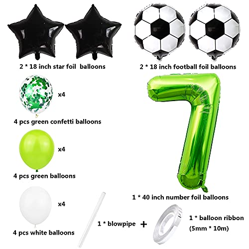 Liitata Globos de fútbol para 7º cumpleaños, decoración de 40 pulgadas, color verde, balón de fútbol, estrella y confeti, globos para niños, jóvenes, cumpleaños, fiestas, fútbol, decoración