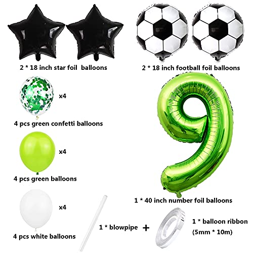 Liitata Globos de fútbol para 9º cumpleaños decoración de 40 pulgadas número 9 color verde balón de fútbol estrella negro confeti globos para niños jóvenes cumpleaños fiestas fútbol decoración