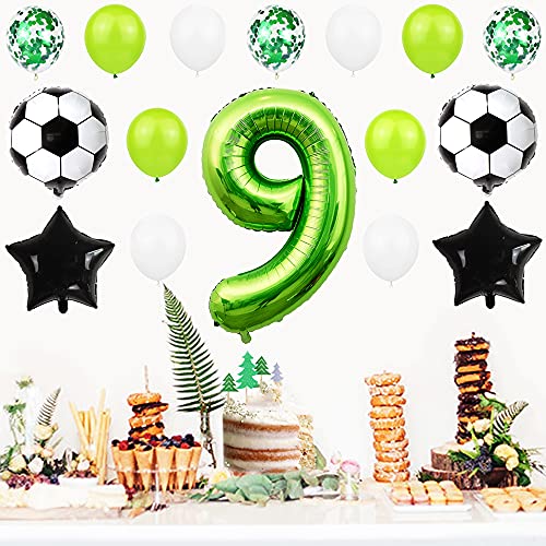 Liitata Globos de fútbol para 9º cumpleaños decoración de 40 pulgadas número 9 color verde balón de fútbol estrella negro confeti globos para niños jóvenes cumpleaños fiestas fútbol decoración