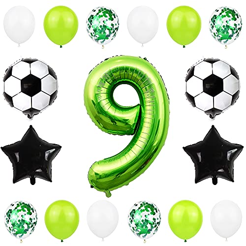 Liitata Globos de fútbol para 9º cumpleaños decoración de 40 pulgadas número 9 color verde balón de fútbol estrella negro confeti globos para niños jóvenes cumpleaños fiestas fútbol decoración