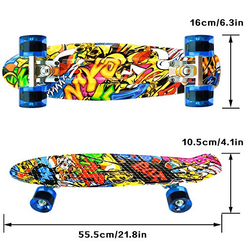 LISOPO Skateboard Monopatin 22’’55cm, Mini Cruiser Retro Crucero 4 PU Ruedas Flash LED, ABEC-7 Rodamiento, Tabla de Plástico Reforzado para Principiantes, Niños y Adultos, Niños