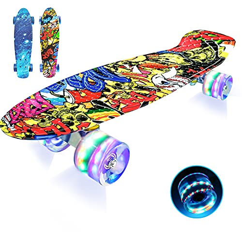 LISOPO Skateboard Monopatin 22’’55cm, Mini Cruiser Retro Crucero 4 PU Ruedas Flash LED, ABEC-7 Rodamiento, Tabla de Plástico Reforzado para Principiantes, Niños y Adultos, Niños