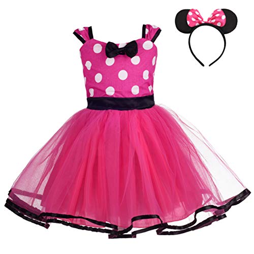 Lito Angels Disfraz de Minnie Mouse para Niña con Orejas de Ratón Aro de Pelo, Vestido de Tul con Lunares de Fiesta Cumpleaños Carnaval, Talla 3-4 años, Rosa Caliente