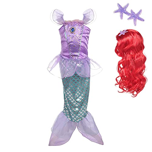 Lito Angels Disfraz Sirenita Vestido Sirena Princesa Ariel con Peluca de Pelo para Niñas Pequeñas, Talla 3-4 años, Púrpura