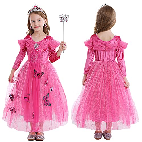 LiUiMiY Vestido de Princesa Disfraz Niña Tul para Carnaval Cumpleaños Cosplay Halloween Fiesta con Accesorios Rosa, 128-134 (Etiqueta 130)