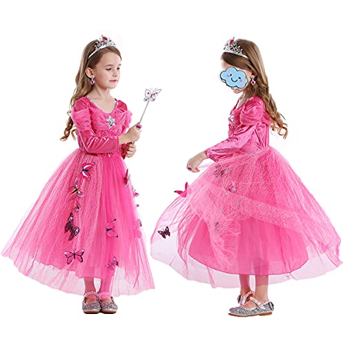 LiUiMiY Vestido de Princesa Disfraz Niña Tul para Carnaval Cumpleaños Cosplay Halloween Fiesta con Accesorios Rosa, 128-134 (Etiqueta 130)