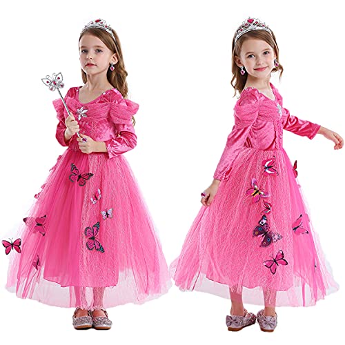 LiUiMiY Vestido de Princesa Disfraz Niña Tul para Carnaval Cumpleaños Cosplay Halloween Fiesta con Accesorios Rosa, 128-134 (Etiqueta 130)