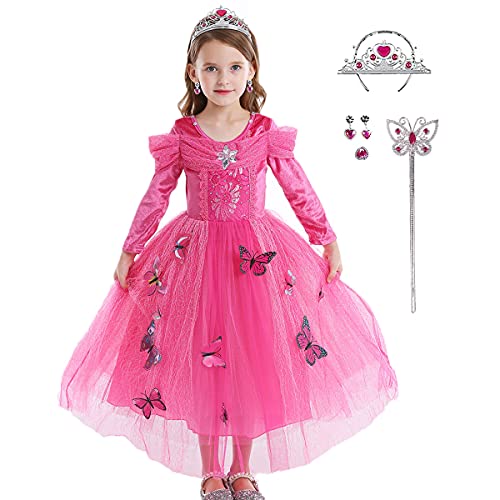 LiUiMiY Vestido de Princesa Disfraz Niña Tul para Carnaval Cumpleaños Cosplay Halloween Fiesta con Accesorios Rosa, 128-134 (Etiqueta 130)