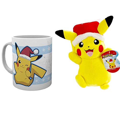 Lively Moments Taza de Pokémon con diseño de Papá Noel, Pikachu y Pokémon de peluche Pikachu con gorro de Papá Noel, aprox. 20 cm, con tarjeta de felicitación gratis