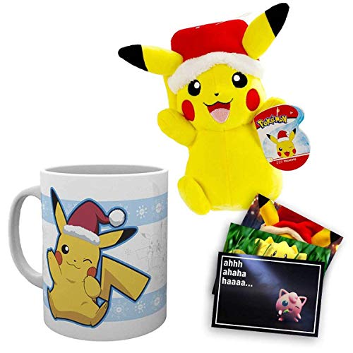 Lively Moments Taza de Pokémon con diseño de Papá Noel, Pikachu y Pokémon de peluche Pikachu con gorro de Papá Noel, aprox. 20 cm, con tarjeta de felicitación gratis