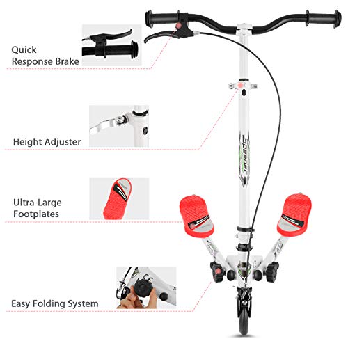 Lonlier - Patinete en forma de Y con 3 ruedas. Plegable, propulsado mediante balanceo, para niños de 5 a 8 años, rojo