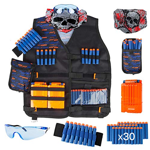 LVHERO El Kit Chaleco Táctico para Nerf N-Strike Elite Series con Dardos de Recarga, Bolsa de Dardos, Pulsera, máscara de Tubo Facial, Clips de Recarga rápida y Gafas Protectoras para niños