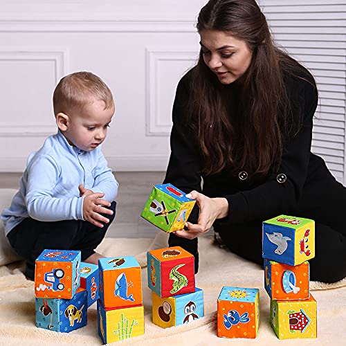 MACIK 12 Bloques blandos para niños –Granja + ZOO + Mar- Juguetes apilar para bebés -Juguetes desarrollo - Juego cubos de motricidad fina– Juguetes suaves 6 meses bebé– Juguetes educativos 12-18 meses