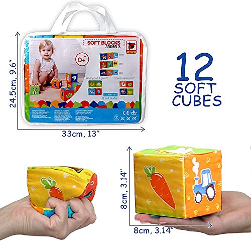 MACIK 12 Bloques blandos para niños –Granja + ZOO + Mar- Juguetes apilar para bebés -Juguetes desarrollo - Juego cubos de motricidad fina– Juguetes suaves 6 meses bebé– Juguetes educativos 12-18 meses