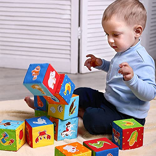 MACIK 12 Bloques blandos para niños –Granja + ZOO + Mar- Juguetes apilar para bebés -Juguetes desarrollo - Juego cubos de motricidad fina– Juguetes suaves 6 meses bebé– Juguetes educativos 12-18 meses