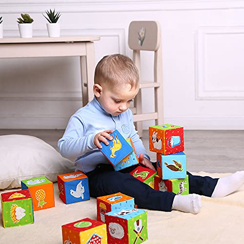 MACIK 12 Bloques blandos para niños –Granja + ZOO + Mar- Juguetes apilar para bebés -Juguetes desarrollo - Juego cubos de motricidad fina– Juguetes suaves 6 meses bebé– Juguetes educativos 12-18 meses