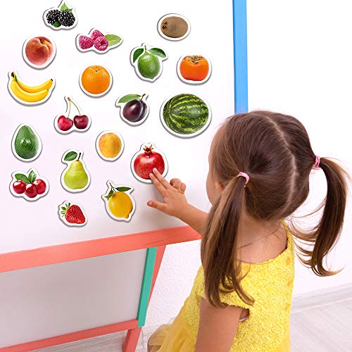 MAGDUM Imanes Nevera niños Frutas y Bayas - 25 Grandes imanes Bebes - Montessori Bebe - Juguetes Bebes - Juegos educativos niños - Nevera Juguete - Iman de Nevera - Cocina Juguete - Set cocinita