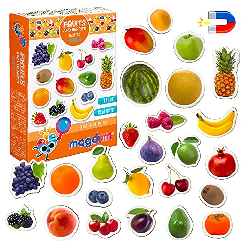 MAGDUM Imanes Nevera niños Frutas y Bayas - 25 Grandes imanes Bebes - Montessori Bebe - Juguetes Bebes - Juegos educativos niños - Nevera Juguete - Iman de Nevera - Cocina Juguete - Set cocinita