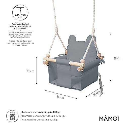 MAMOI Columpio Bebe con ASA DE Seguridad, Columpios Infantiles Exterior y Interior, Columpio Madera Ideal como Columpio de Jardin y para habitación Infantil (Teddybär Grau + Haken)