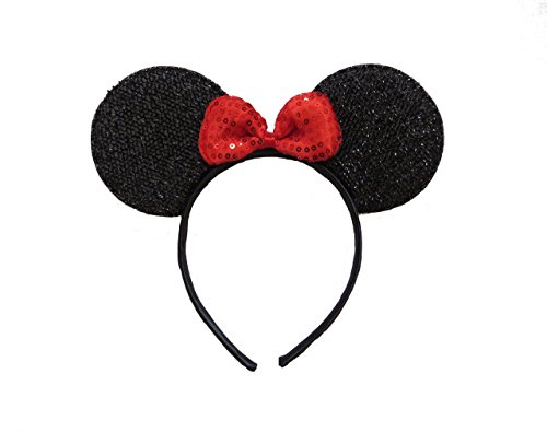 Manchester Royalty Nuevo Purpurina Brillante Minnie Mouse Orejas con Lazo Rojo - Negro - Disfraz de Despedida de Soltera - Diadema - para Niños Adultos