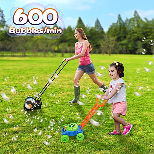 Máquina de Burbujas para Niños, Mecanismo de Soplado Automático, Juguete Bubble Lawn Mower con 2 botellas de líquido, Juguetes al aire libre Regalos para Jardín