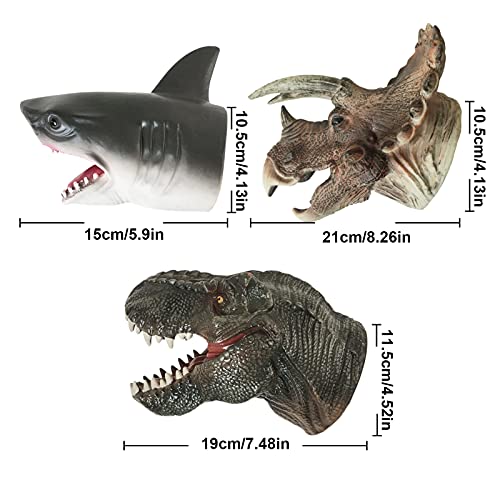 Marioneta de Mano, 3 Marionetas de Dinosaurio y tiburón, Juguetes de tiranosaurio Rex realistas de Goma Suave, Guante de Cabeza de Animal, Regalo para niños, niños, bebés, niños