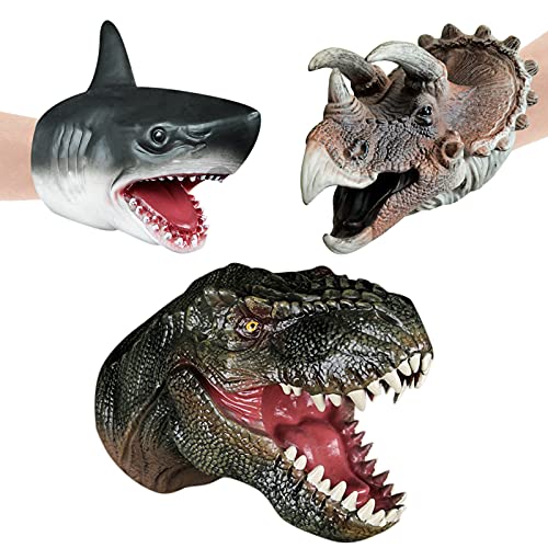 Marioneta de Mano, 3 Marionetas de Dinosaurio y tiburón, Juguetes de tiranosaurio Rex realistas de Goma Suave, Guante de Cabeza de Animal, Regalo para niños, niños, bebés, niños