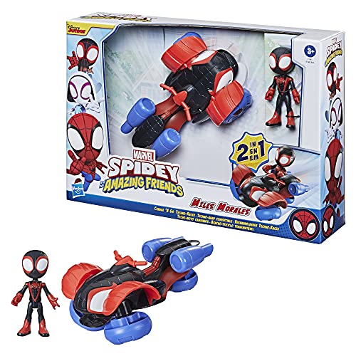 Marvel Spidey and His Amazing Friends - Tecno-moto Change 'N Go y figura de Miles Morales de 10 cm - Vehículo 2 en 1 - Edad: 3+