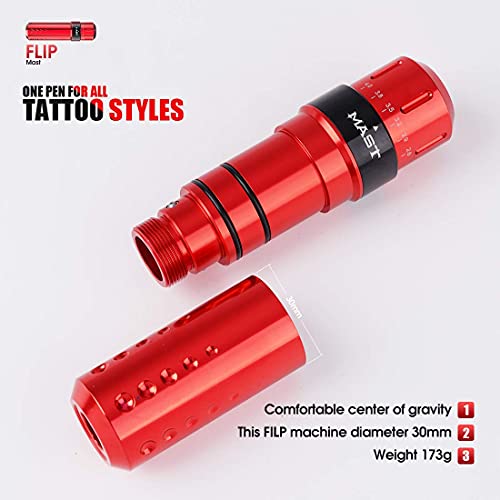 Mast Flip Máquina Rotativa de la Pluma del Tatuaje 2.6-4.0mm Longitud de Carrera Ajustable, Fuente de Alimentación de Luz LED Colorida Interfaz RCA Kit de Rotulador de Tatuaje Coreless Motor,Rojo