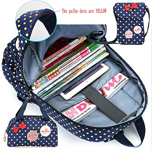 MCUILEE® Conjunto de 3 Polka Dot mochilas escolares/escolares bolsas/mochila niños niñas adolescentes + mini bolso + bolso crossbody (Azul Marino)