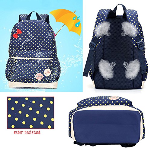 MCUILEE® Conjunto de 3 Polka Dot mochilas escolares/escolares bolsas/mochila niños niñas adolescentes + mini bolso + bolso crossbody (Azul Marino)