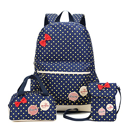 MCUILEE® Conjunto de 3 Polka Dot mochilas escolares/escolares bolsas/mochila niños niñas adolescentes + mini bolso + bolso crossbody (Azul Marino)