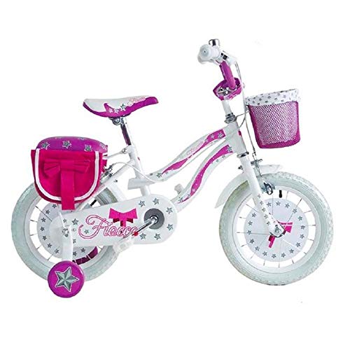 Mediawave Store - Bicicleta para niños con lazo BKT, talla 14, bicicleta para niña de 4 a 6 años, bicicleta con ruedas, para niña, idea regalo, con cesta y bolso y porta muñecas de color rosa/blanco.