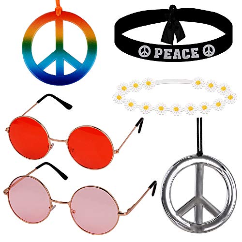 MEJOSER 6pcs Accesorios Disfraz Fiesta Hippie 2pcs Gafas Hippie de Sol 2pcs Colgantes Hippies de la Paz 2pcs Diademas Peace y de Flores Mujer Hombre