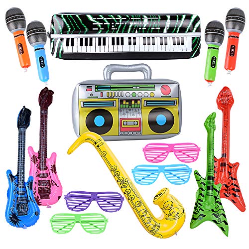 MEJOSER Pack de 15pcs Guitarra Inflable Instrumentos Musicales Juguetes + Gafas Persiana Fiesta Divertidas Disfraz Fiesta Cumpleaños Photocall Piscina Saxofón Micrófono Beth Radio Teclado