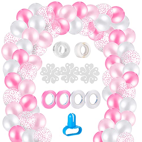 MELLIEX 120 Piezas Globos de Globos de Latex Kit de Guirnaldas de Globos con 10 Accesorios para Globos para Decoracion de Boda Cumpleaños Fiesta San Valentin, Rosa y Blanca