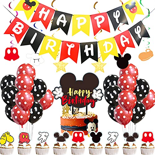 Mickey Globos Suministro de Fiesta,47 PCS Decoraciones de Cumpleaños de Mickey Mouse,Globos Para La Fiesta Temática de Mickey Mouse,Banner de Happy Birthday