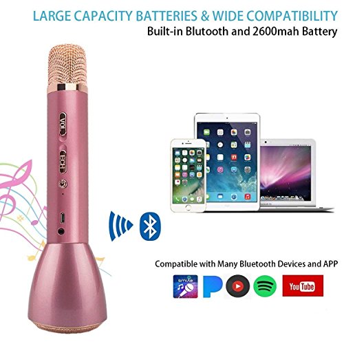 Microfono Karaoke Bluetooth,Micrófono Inalámbrico Karaoke,Microfono niños con Altavoz,Máquina Portátil Reproductor de Microfono para Karaoke niños,Soporte Echo phone Pad Smartphones PC Laptop,rosa