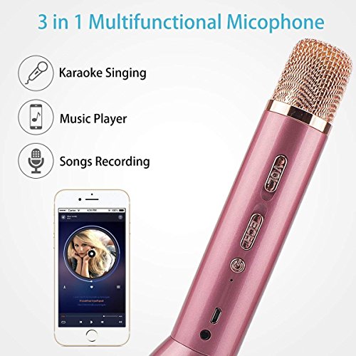 Microfono Karaoke Bluetooth,Micrófono Inalámbrico Karaoke,Microfono niños con Altavoz,Máquina Portátil Reproductor de Microfono para Karaoke niños,Soporte Echo phone Pad Smartphones PC Laptop,rosa