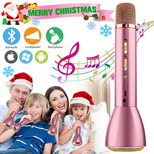 Microfono Karaoke Bluetooth,Micrófono Inalámbrico Karaoke,Microfono niños con Altavoz,Máquina Portátil Reproductor de Microfono para Karaoke niños,Soporte Echo phone Pad Smartphones PC Laptop,rosa