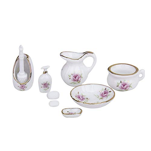 Miniatura Accesorios de muñecas, una y Doce de muñecas en Miniatura Baño Patrón Kit dispensador de jabón champú Conjunto Floral Exquisita Porcelana mínimo Accesorios de baño