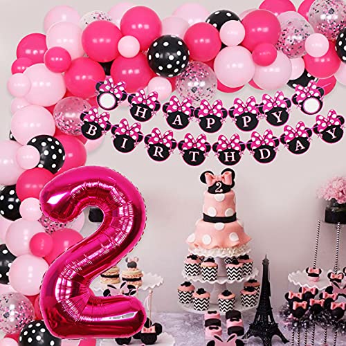 Minnie 2nd Birthday Decorations Minnie Oh Twodles Party Supplies - Kit de arco de guirnalda de globos Feliz cumpleaños Banner Número 2 Globo para niñas de 2 años