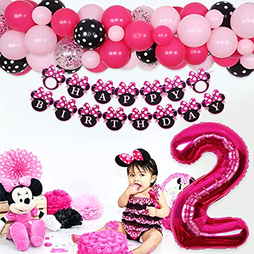 Minnie 2nd Birthday Decorations Minnie Oh Twodles Party Supplies - Kit de arco de guirnalda de globos Feliz cumpleaños Banner Número 2 Globo para niñas de 2 años