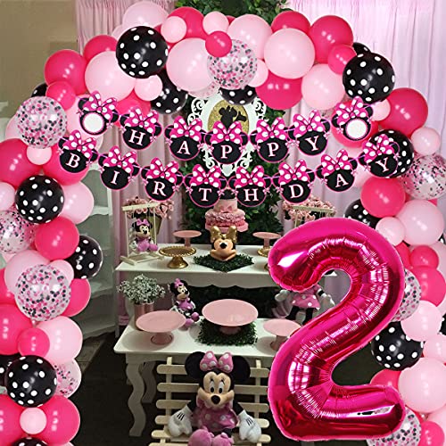 Minnie 2nd Birthday Decorations Minnie Oh Twodles Party Supplies - Kit de arco de guirnalda de globos Feliz cumpleaños Banner Número 2 Globo para niñas de 2 años