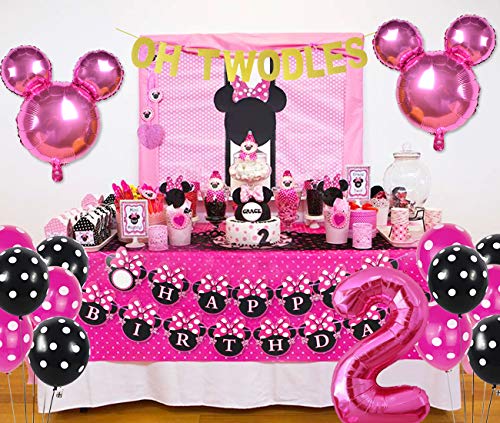 Minnie 2nd cumpleaños fiesta suministros con Oh Twodles rosa feliz cumpleaños Banner Cupcake Toppers