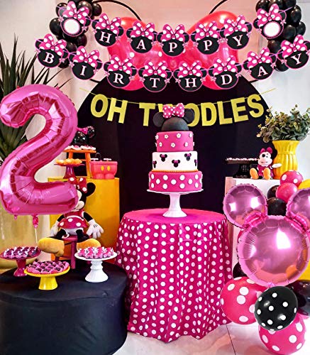 Minnie 2nd cumpleaños fiesta suministros con Oh Twodles rosa feliz cumpleaños Banner Cupcake Toppers